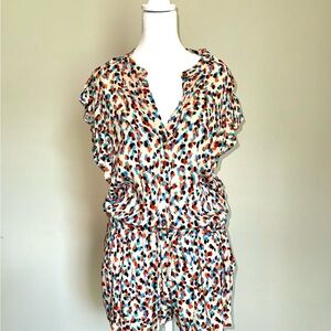 Olivaceous Flirty Vibrant Blue and Orange Patterned Short Sleeve Romper Medium